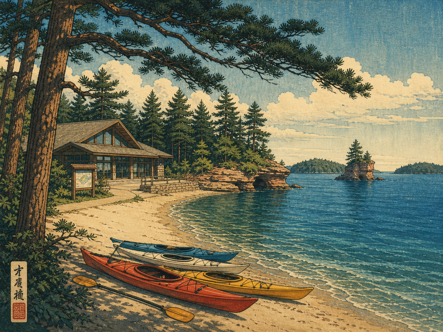 リトル・サンド・ベイのビジターセンター、カヤック、松林、湖岸を描いた日本風木版画調の風景