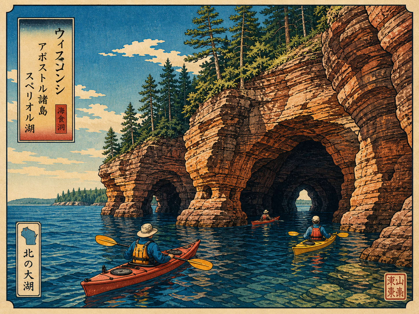 アポストル諸島のシーケーブ、カヤック、スペリオル湖、松林を描いた日本風木版画調の風景