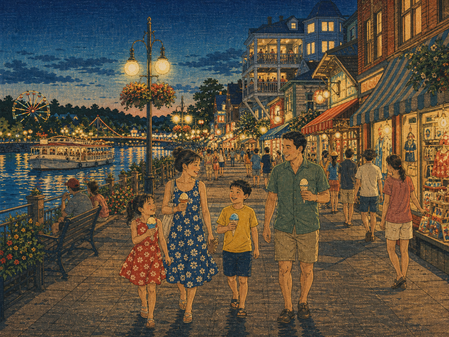 ウィスコンシン・デルズ中心部の夜、家族、アイスクリーム、川の光を描いた日本風木版画調の風景