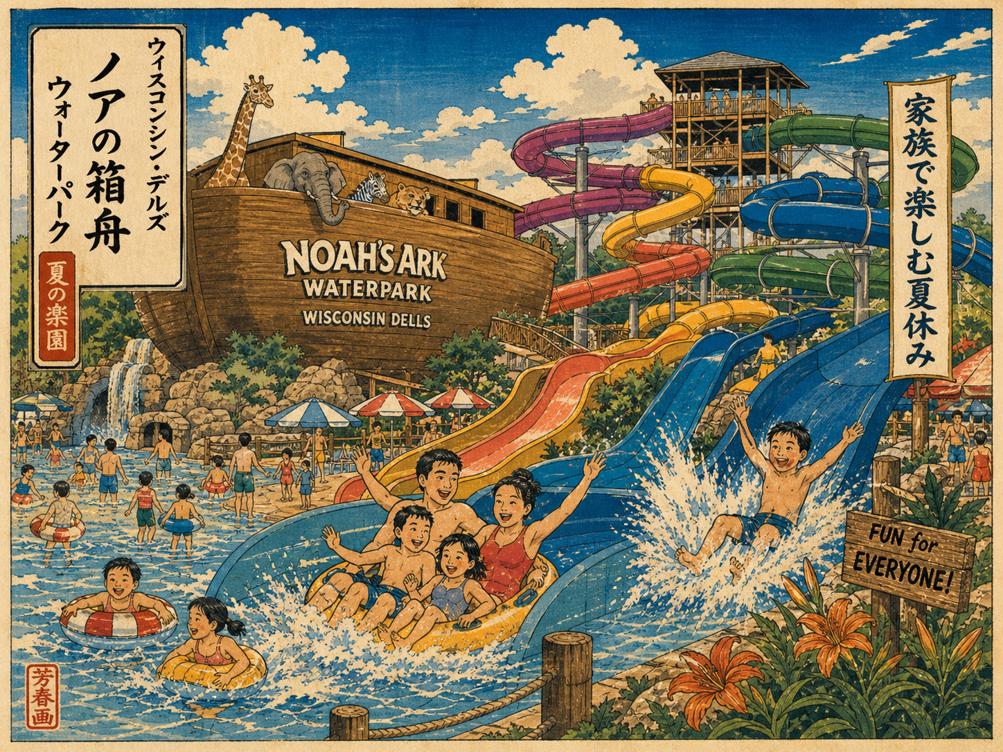 ノアズ・アーク・ウォーターパークの夏の水遊びを描いた日本風木版画調の風景