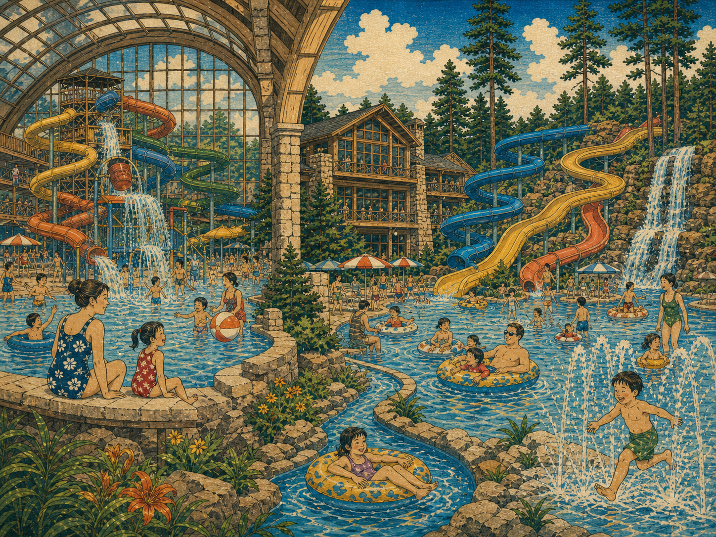 ウィルダネス・リゾートの屋内外ウォーターパークと森を描いた日本風木版画調の風景