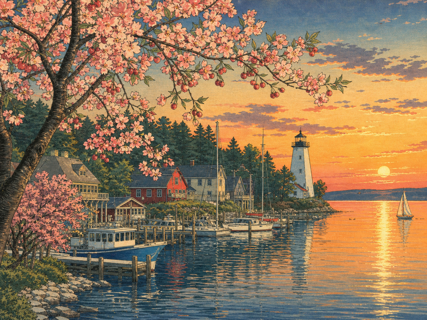 ドア郡フィッシュ・クリークの港、灯台、桜桃の木、夕景を描いた日本風木版画調の風景