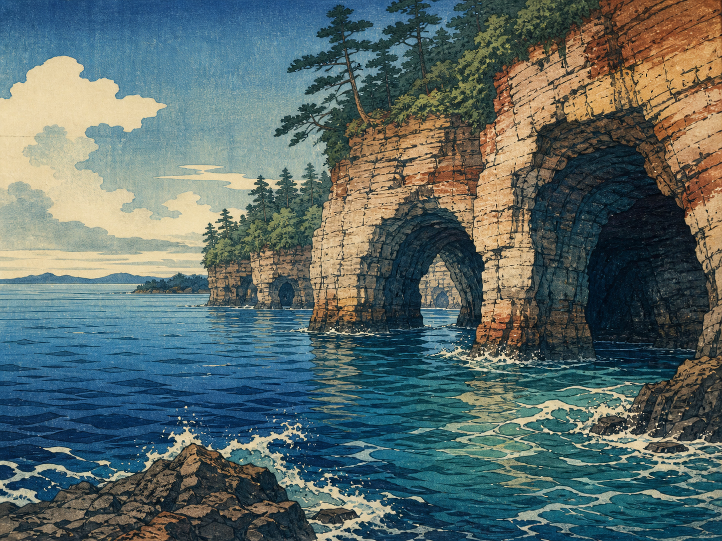 アポストル諸島、スペリオル湖、シーケーブを描いた日本風木版画調の風景
