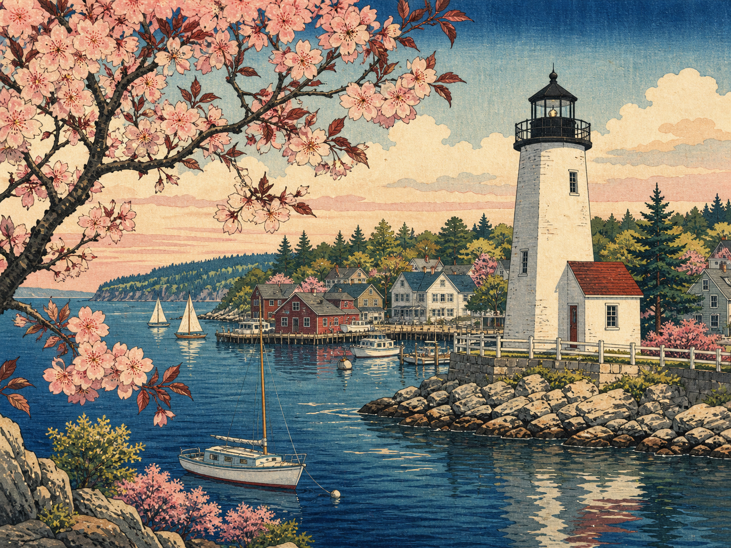 ドア郡の灯台、桜桃、港を描いた日本風木版画調の風景