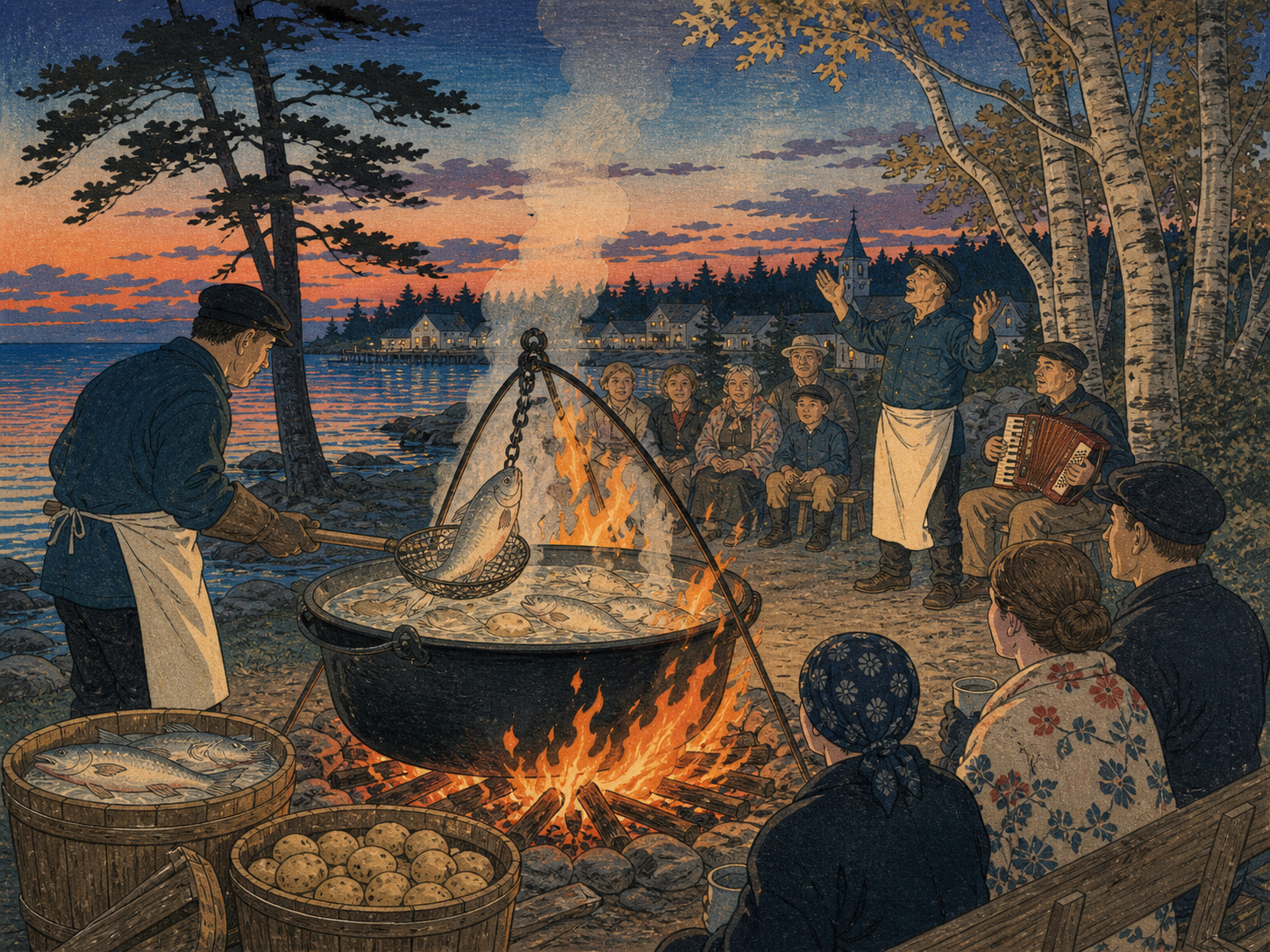 ドア郡のフィッシュボイル、火、大鍋、白身魚、夕景を描いた日本風木版画調の風景
