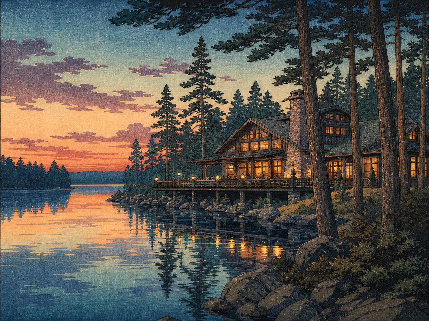 ミラー湖の森にあるアイシュナラ・サパークラブの夕景を描いた日本風木版画調の風景