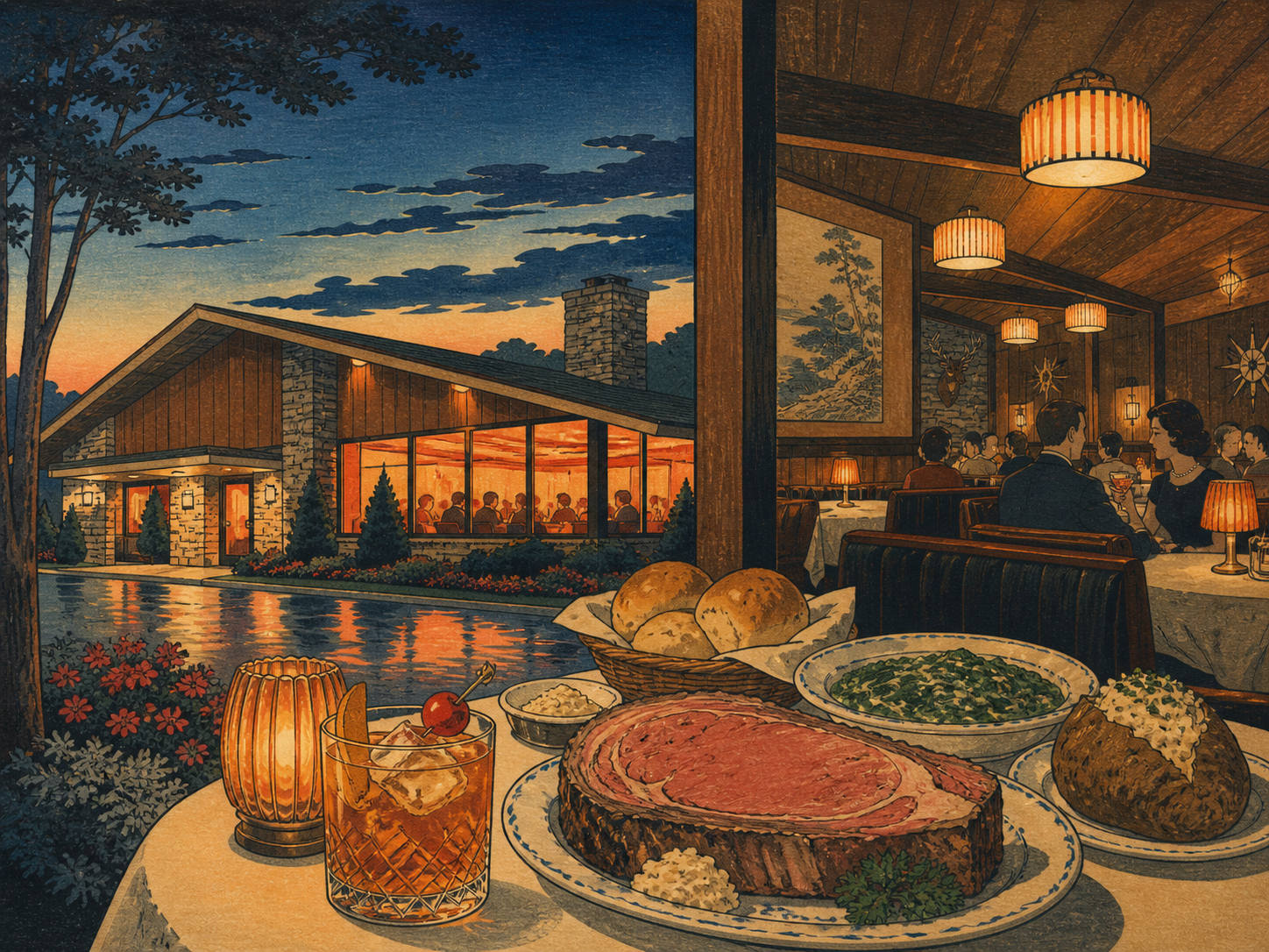 ニューホルスタイン近郊のシュワルツ・サパークラブの夕景を描いた日本風木版画調の風景