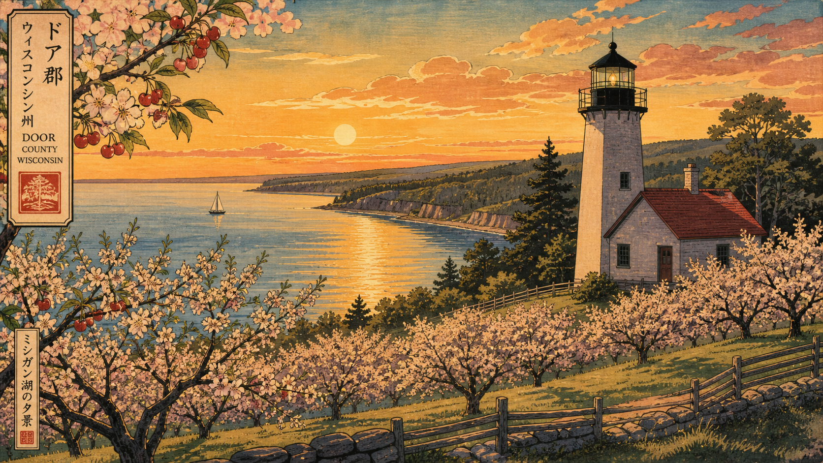 ドア郡、ミシガン湖、夕暮れの灯台、桜桃の果樹園を描いた日本風木版画調のウィスコンシン風景