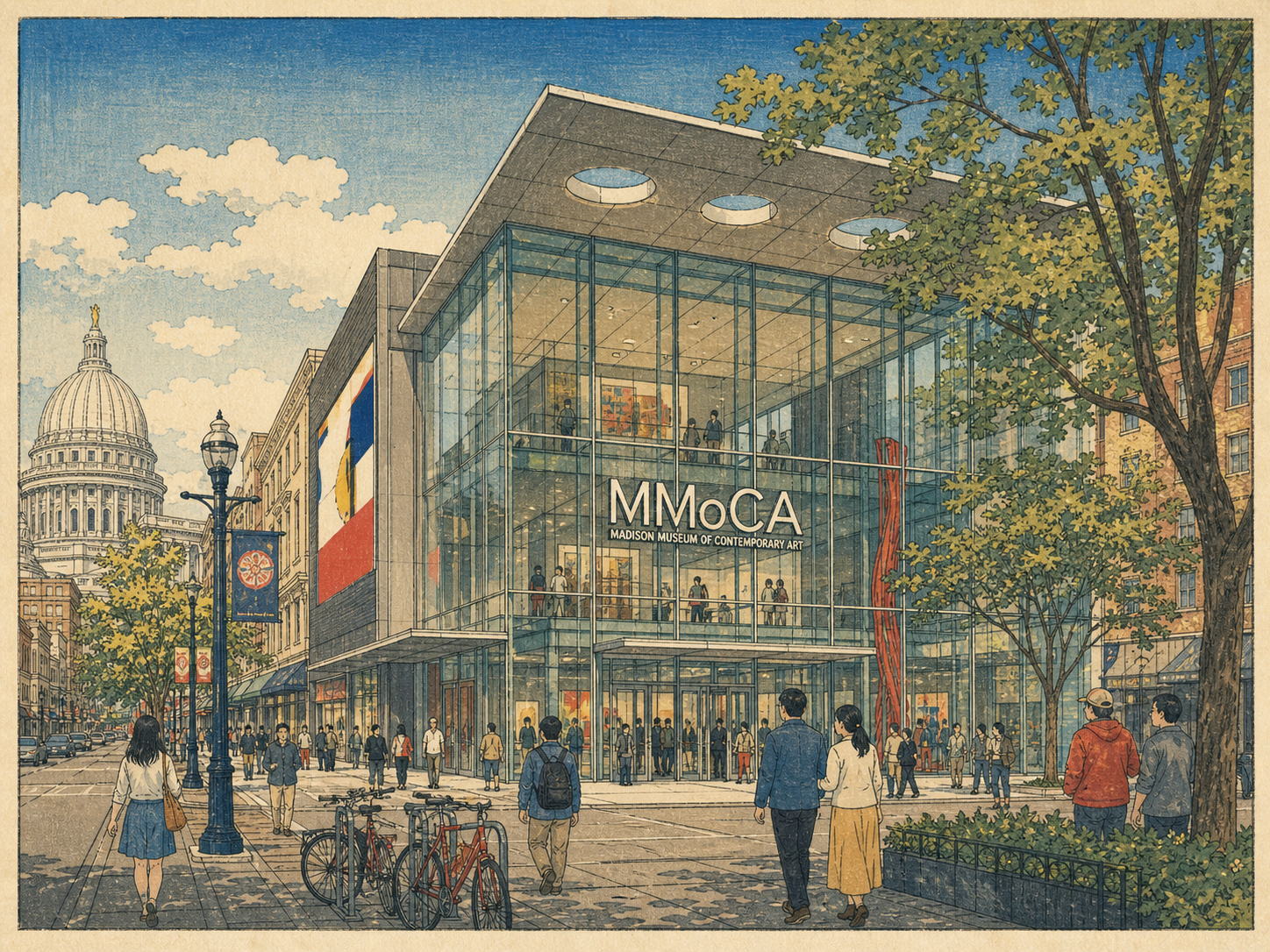 マディソン現代美術館とステート・ストリートを描いた日本風木版画調の風景