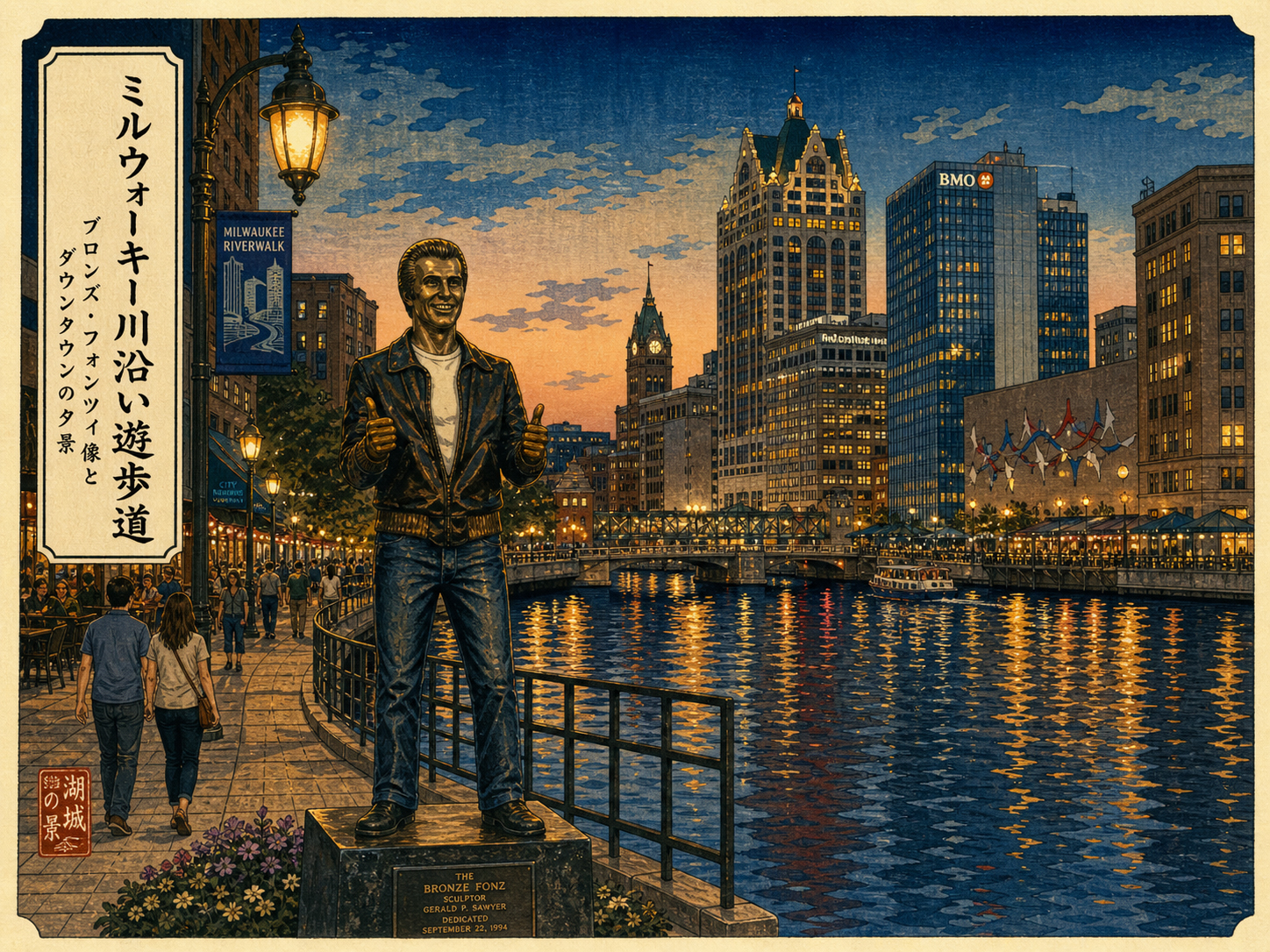 ミルウォーキー・リバーウォークと夕方の川沿いを描いた日本風木版画調の風景