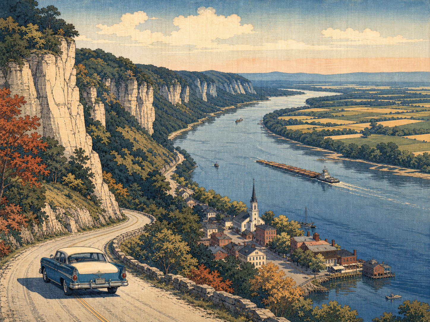 グレート・リバー・ロード、ミシシッピ川、崖、小さな町を描いた日本風木版画調の風景