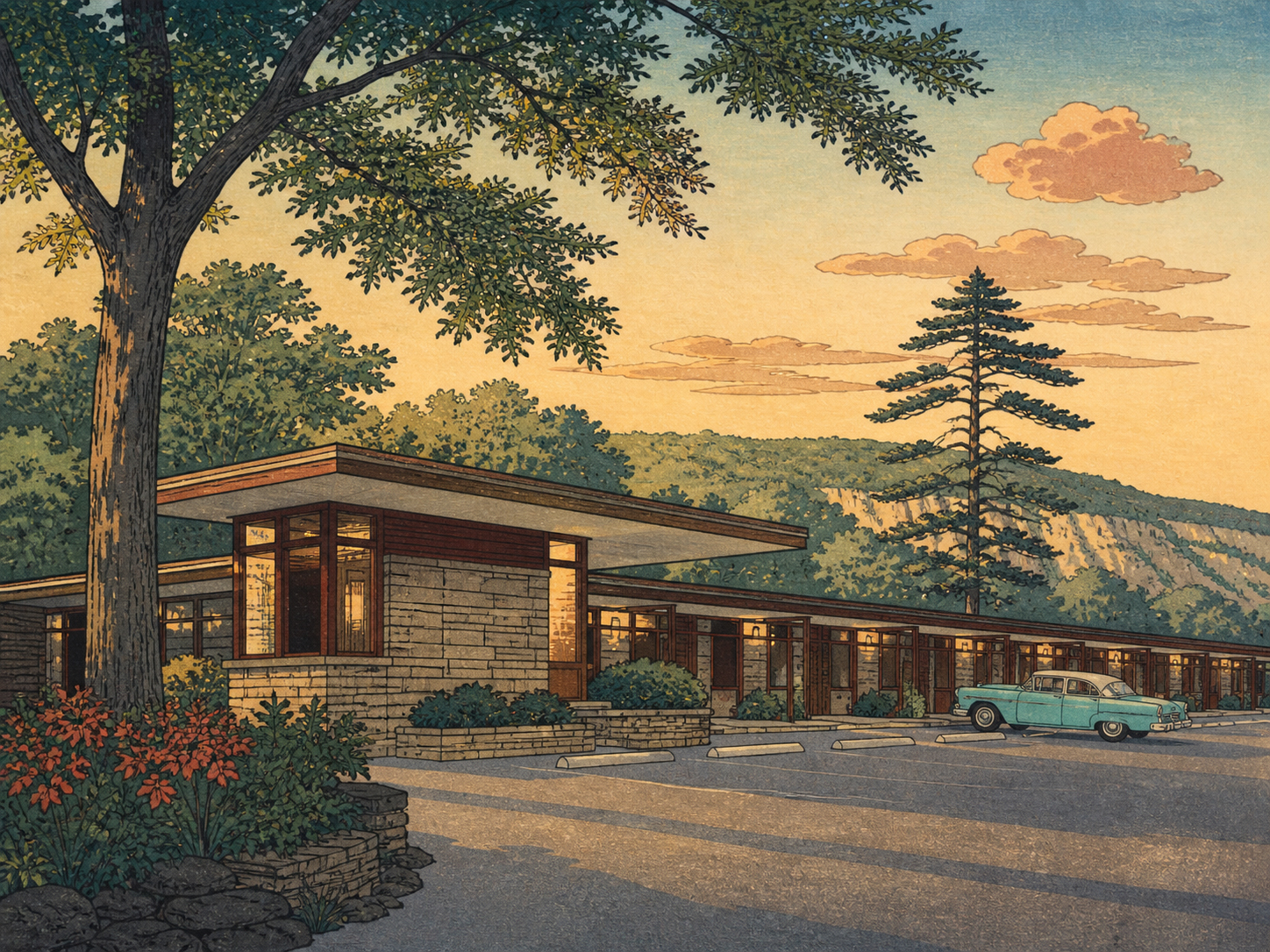 ユソニアン・インの歴史ある低層宿を描いた日本風木版画調の風景
