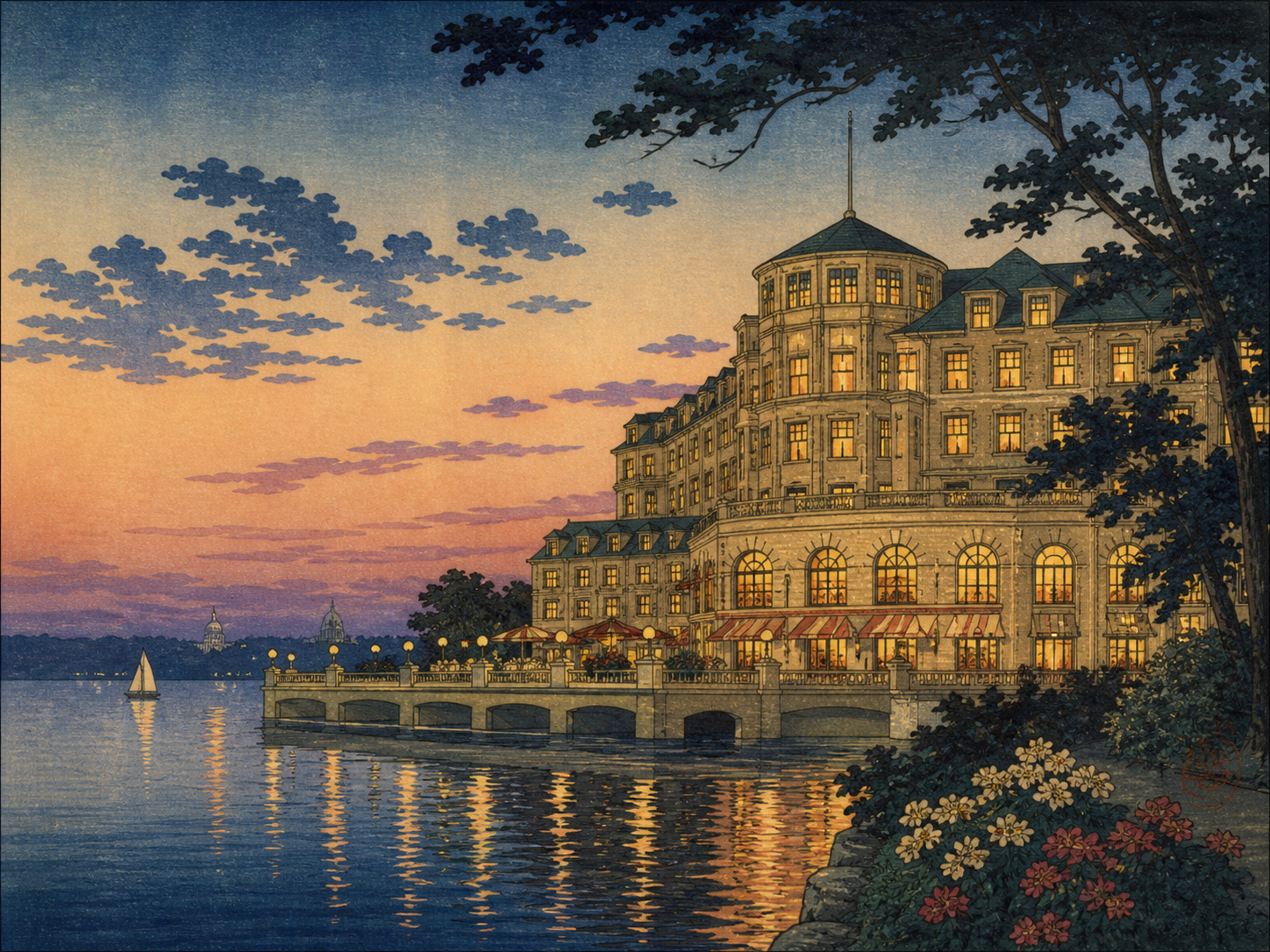 マディソンのジ・エッジウォーターとメンドータ湖の夕景を描いた日本風木版画調の風景