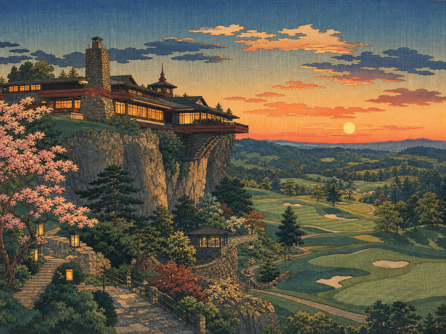ハウス・オン・ザ・ロック・リゾート、丘陵、ゴルフ、夕景を描いた日本風木版画調の風景