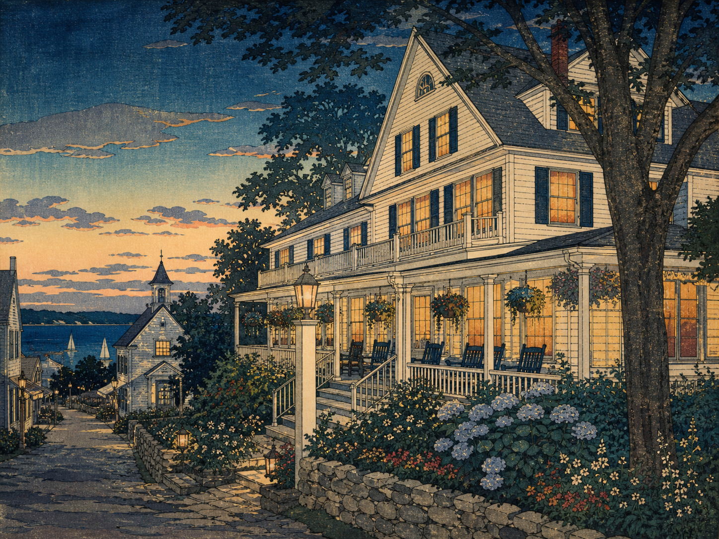 ドア郡フィッシュ・クリークのホワイト・ガル・イン、夕景、歴史ある宿を描いた日本風木版画調の風景